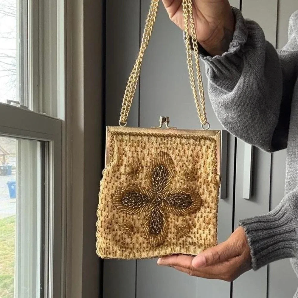 Vintage Gold Beaded Evening Bag Chain Strap Elegant Floral Unique